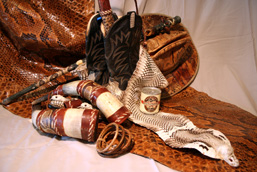 Various objects made from snake anatomical parts: python and cobra skin, hat, snakeskin boots and bracelets, canned rattlesnake meat, walking stick and horns covered with python skin. 